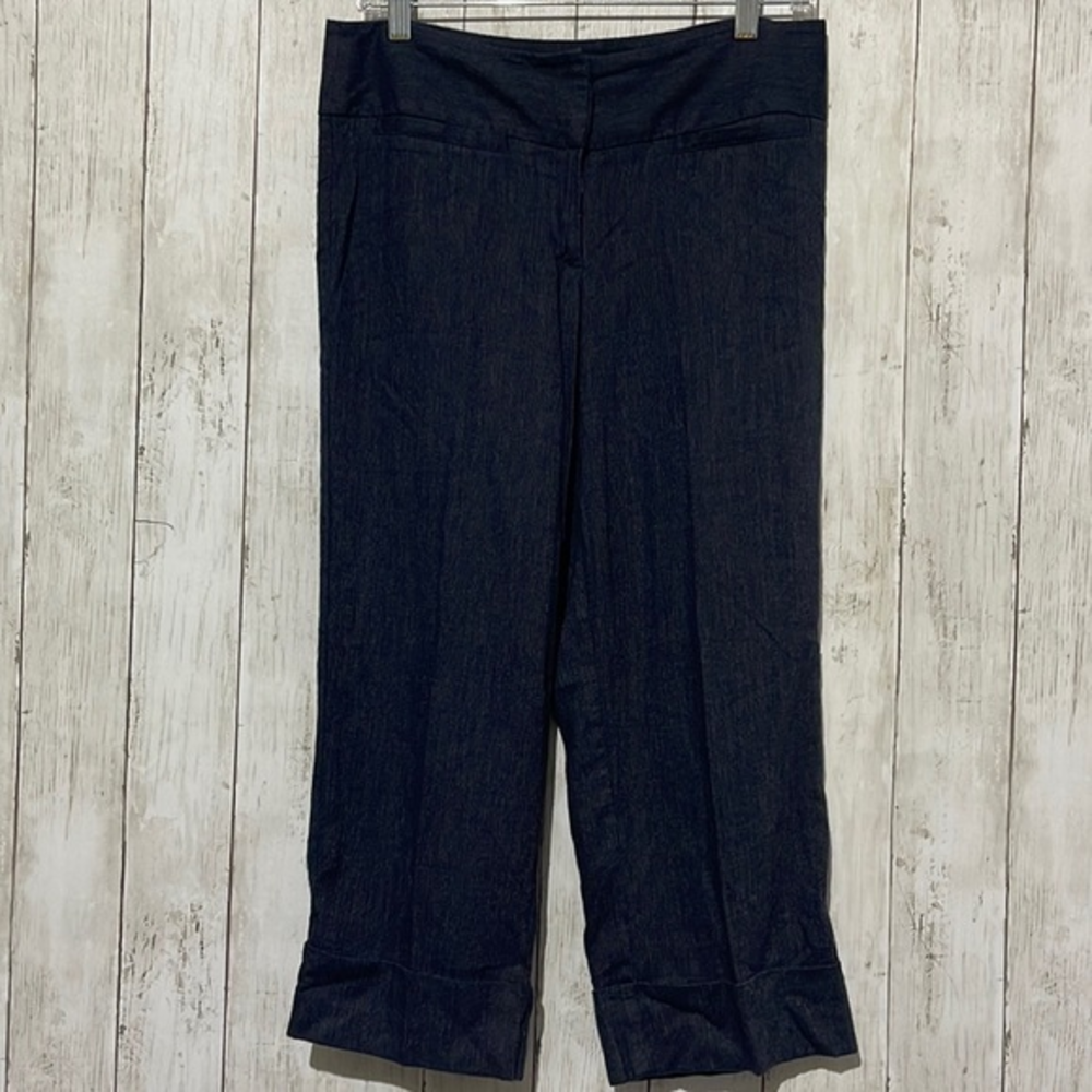 Fashion Bug 4 Cropped Pants Women Navy Blue Linen Blend Cuffed Wide Leg Trousers